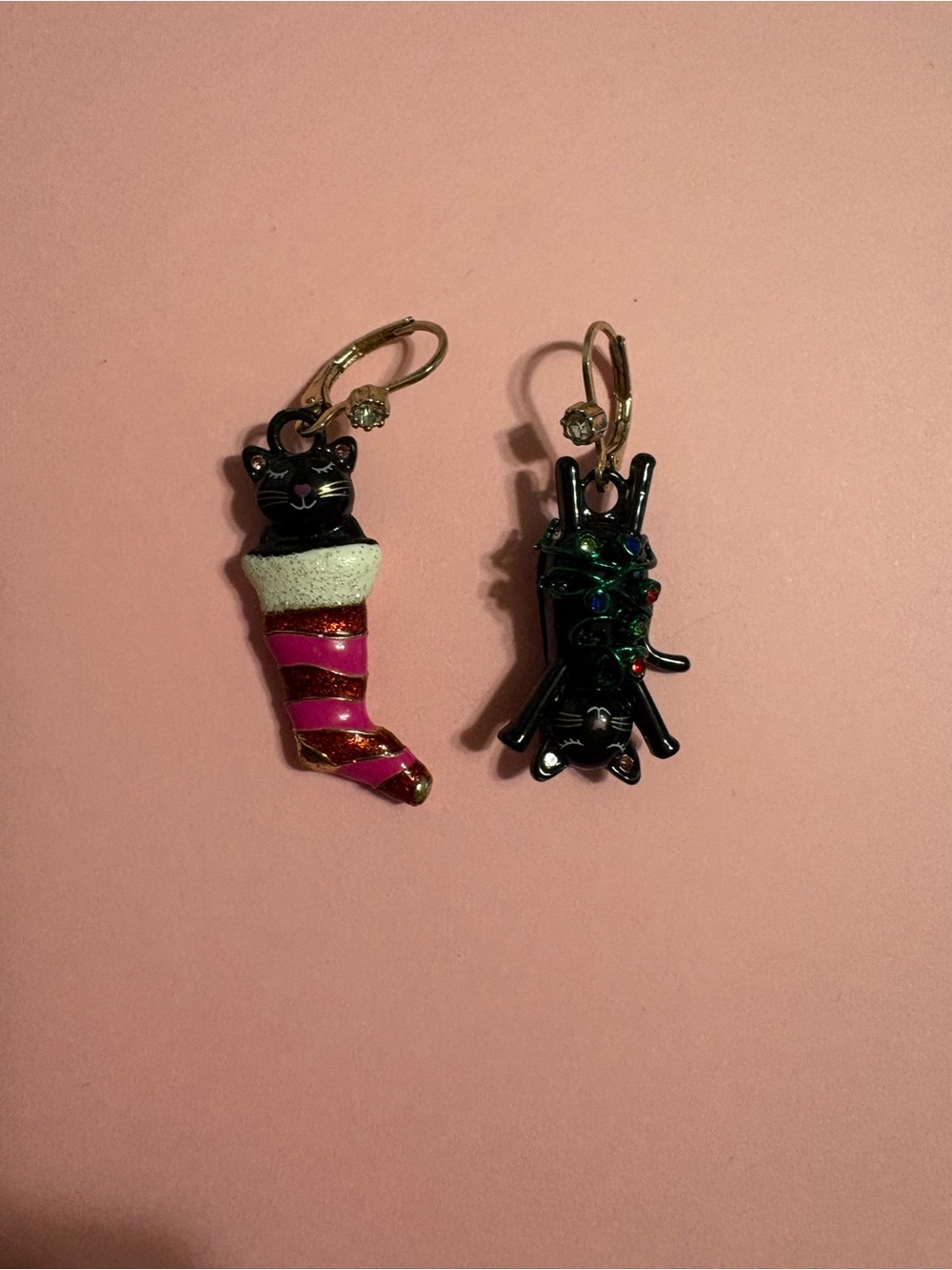 Betsey Johnson Black Cat Earrings - Pink & Green Holiday Stocking & Lights